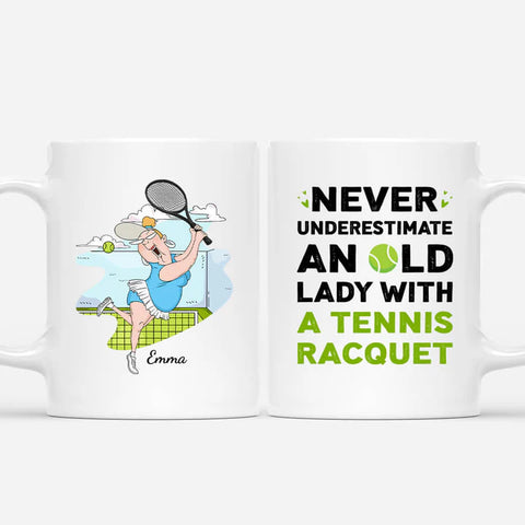 Personalised Never Underestimate An Old Lady with a Tennis Racquet Mugs as ideas for wife's 50th birthday gift