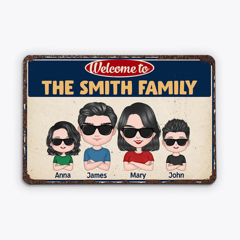 Personalised Welcome to The Family Metal Sign printed with family names and cool cartoon drawings to bring joy to the whole family