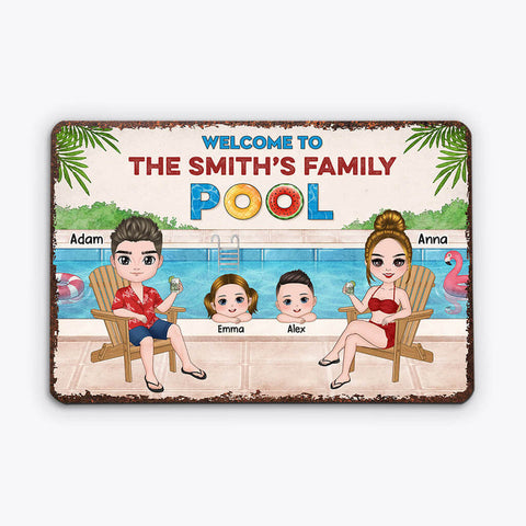 Personalised Welcome to Family Pool Metal Sign is designed with texts, and adorable illustrations, perfect for any occasions[product]