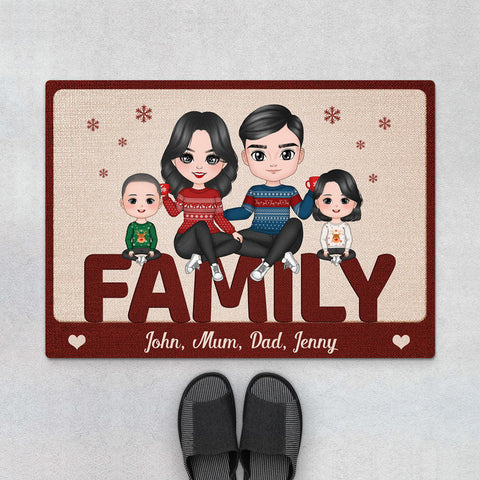 Personalised Family Door Mats, designed with family names and cute illustrations to bring warmth and delight from family members