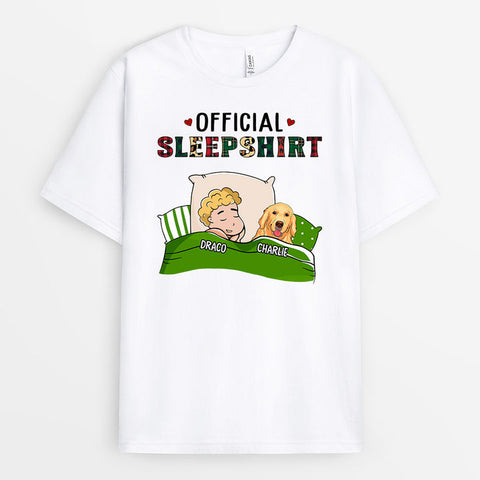 Personalised Dog Official Sleepshirt T-shirt, as one of cute gift ideas for colleague leaving work, is designed with names and cartoon graphics of leaving colleagues and four-legged companions