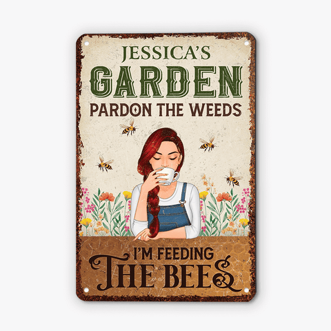 Personalised Pardon The Weeds I'm Feeding The Bees Metal Sign, as cute leaving gift for colleague female, is tailored to her hobbies[product]