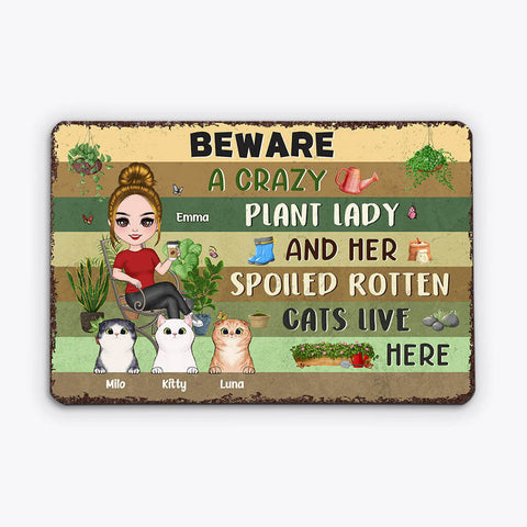 Personalised Her Spoiled Rotten Cats Live Here Metal Sign, as special leaving gift for colleague female, is tailored to her hobbies - her favourite garden