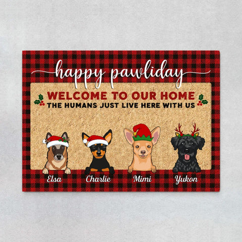 personalised Christmas door mats as dog dad gift with names, dog illustration and message[product]