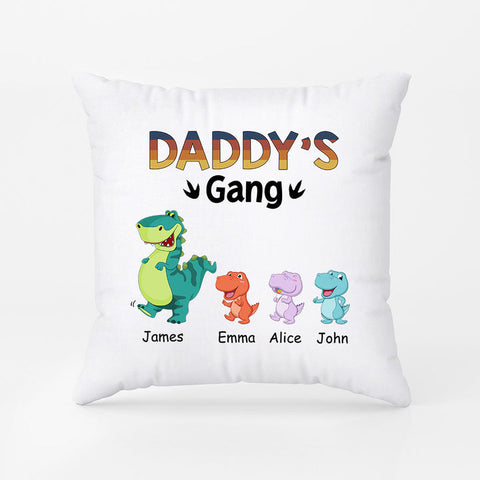 Personalised Dinosaur Grandad/Daddy's Gang Pillow is adorned with dinosaur-themed illustrations and funny Father's Day messages