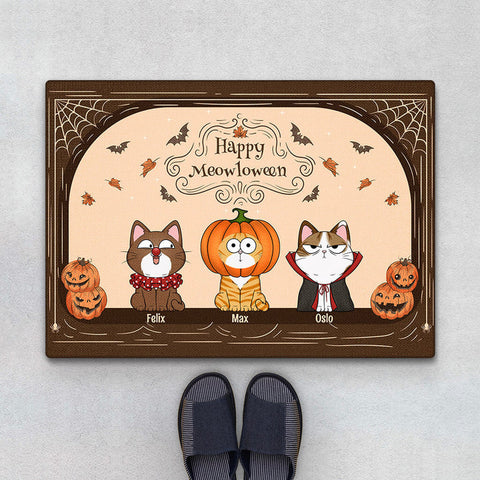 funny jokes on Halloween meowloween door mat 