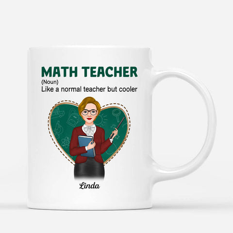 Personalised Best Teacher Ever Mug for teacher's leaving has a teacher cartoon graphic, a meaningful statement, and the teacher's name[product]