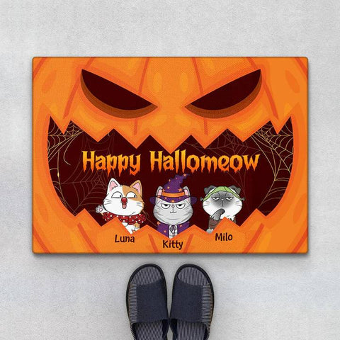 personalised cat doormat for halloween with pumpkin background