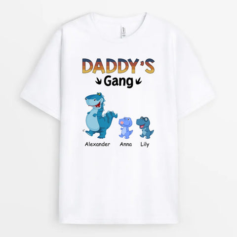 custom tees for fathers with dinosaur illustration, kids names and funny Father's Day messages[product]