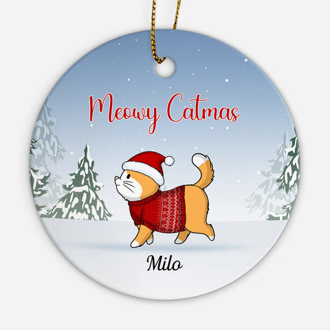 Personalised Meowy Catmas Christmas Ornament for teacher's leaving features a charming Christmas theme, complete with teacher's feline friend