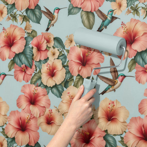 Pastel Hibiscus and Hummingbird Wallpaper {Whimsy & Bloom} Wallpaper Sckribbles