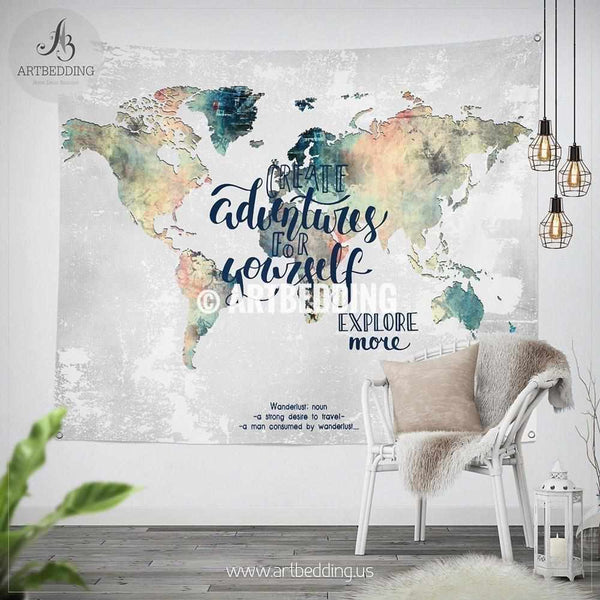 Adventure Wall Tapestry World Map Watercolor Wall Hanging