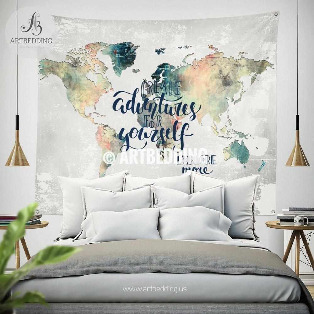 Adventure Wall Tapestry World Map Watercolor Wall Hanging