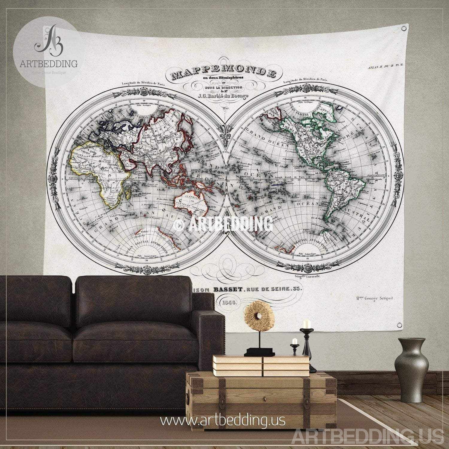 Antique Old Map Wall Tapestry Vintage World Map Wall