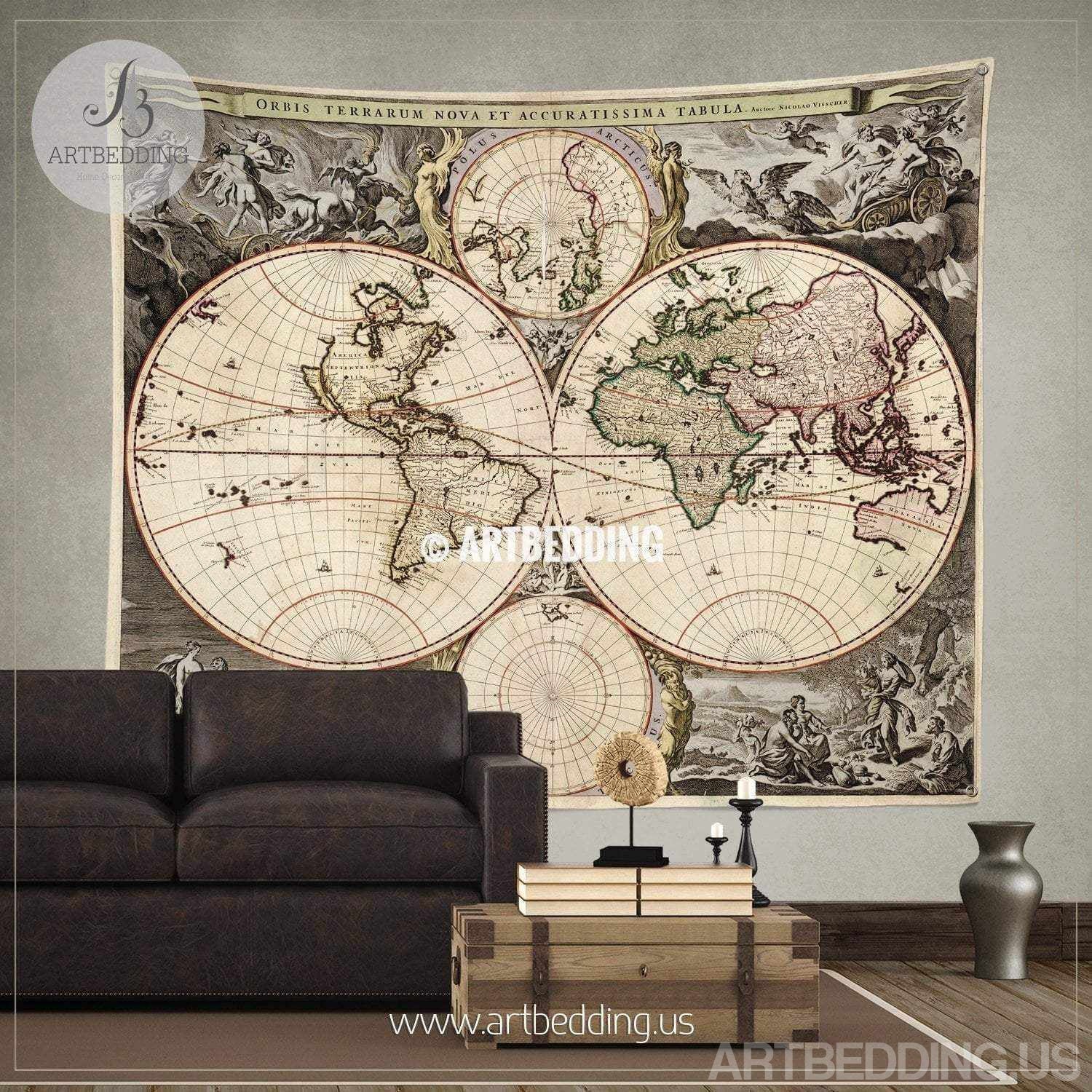 Antique World Map Wall Tapestry Vintage World Map Wall