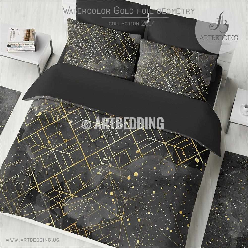 Black Gold Geometry Duvet Cover Black Watercolor Gold Foil