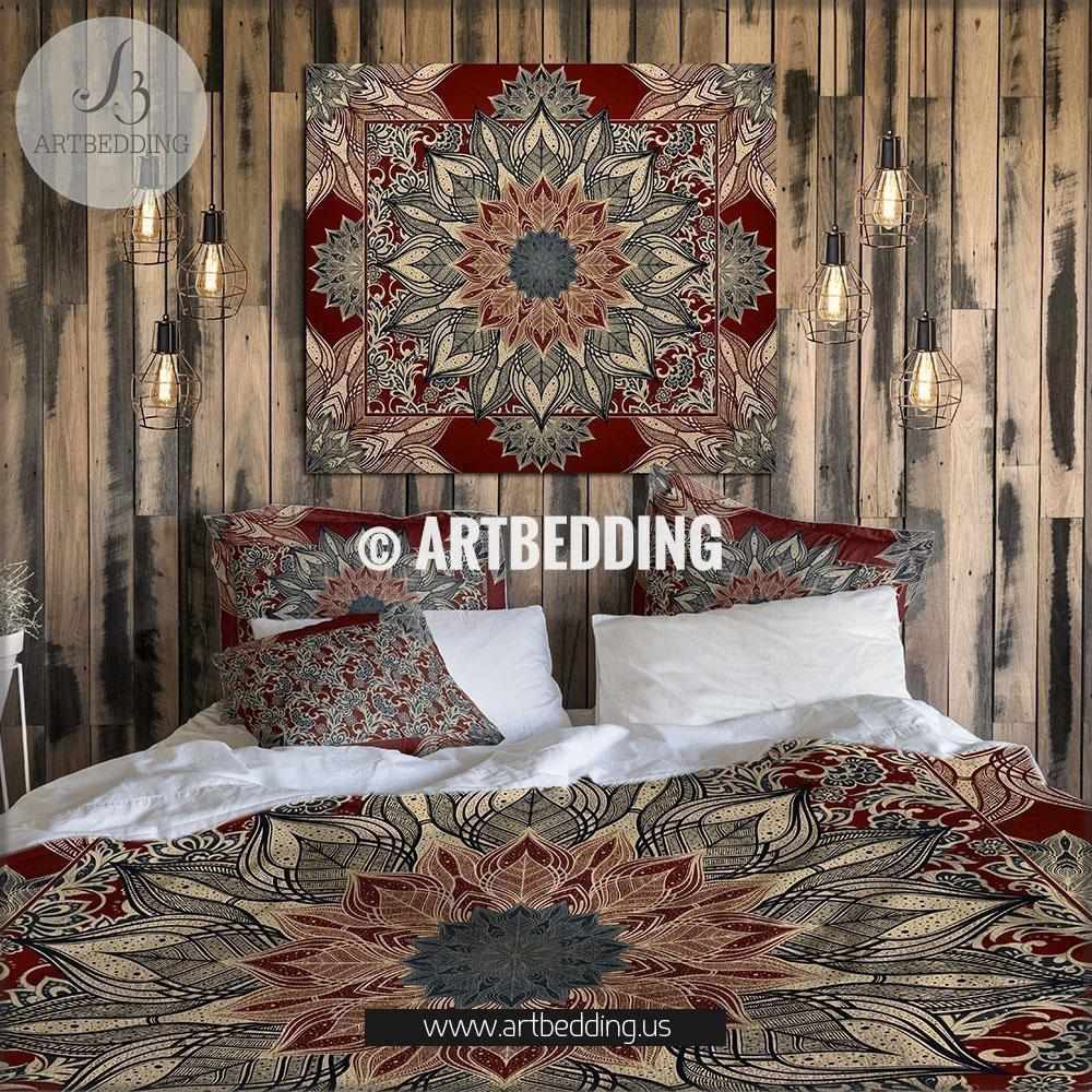 Bohemian Bedding Burgundy And Dark Teal Mandala Duvet Cover Set Red Mandala Comforter Set Boho Bedding Mandala Bedspread