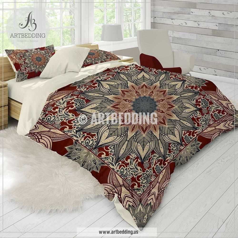 Bohemian Bedding Burgundy And Dark Teal Mandala Duvet Cover Set Red Mandala Comforter Set Boho Bedding Mandala Bedspread Artbedding