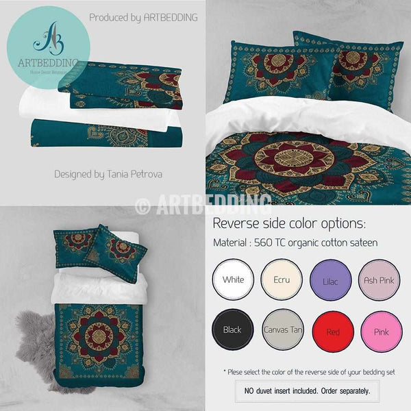 Bohemian Bedding Dark Teal Gold Mandala Duvet Cover Set Boho Duvet Bedding Set Hippie Bedroom Artbedding Art