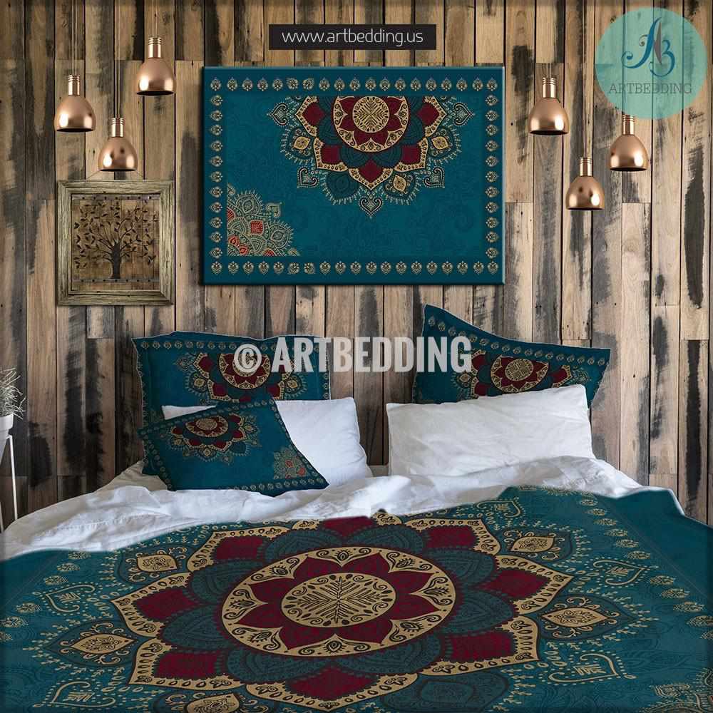 Bohemian Bedding Dark Teal Gold Mandala Duvet Cover Set Boho Duvet Bedding Set Hippie Bedroom Artbedding Art