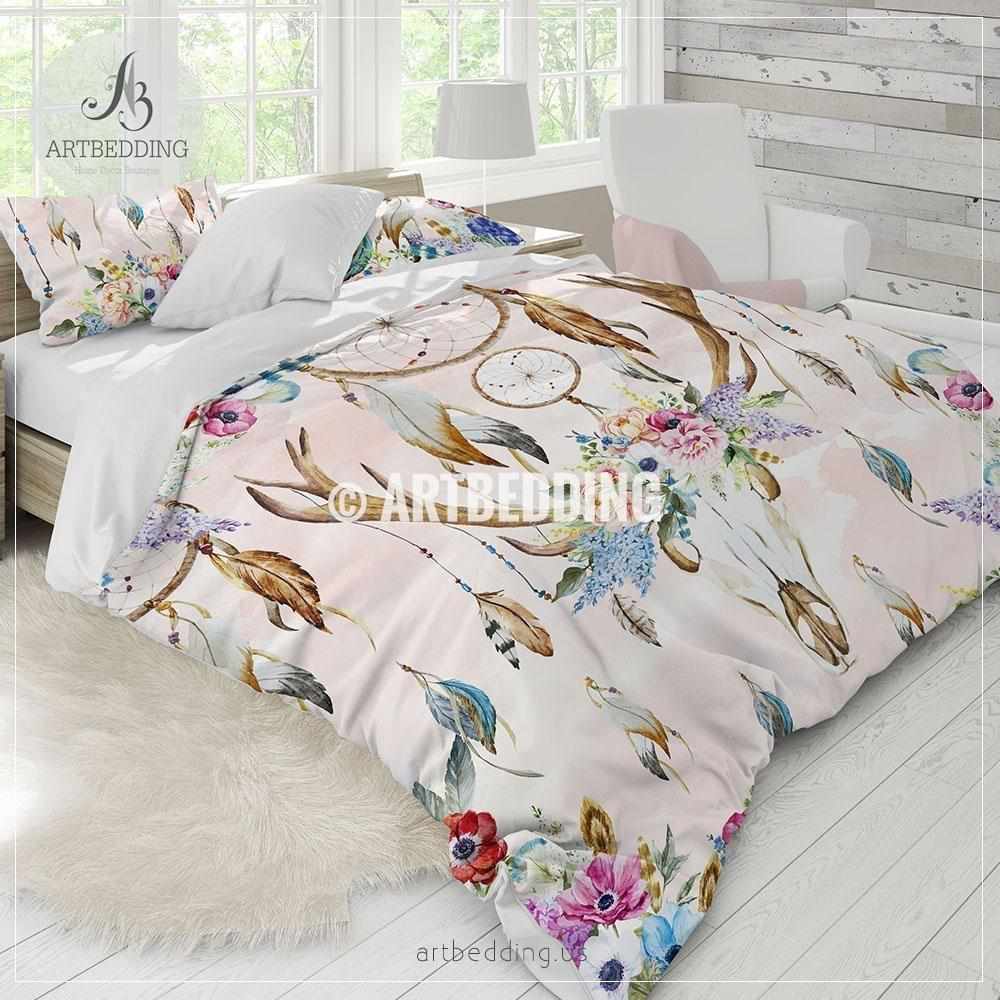 Bedding Duvet Sets Grey Pink Dream Catcher Feathers Quilt Cover