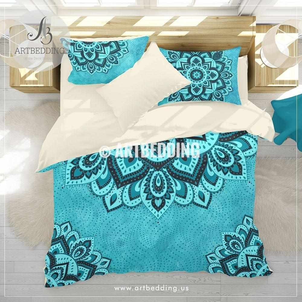 Mandala Bedding Aqua And Teal Blue Boho Duvet Cover Set Teal Boho Comforter Set Boho Bedding Mandala Home Decor