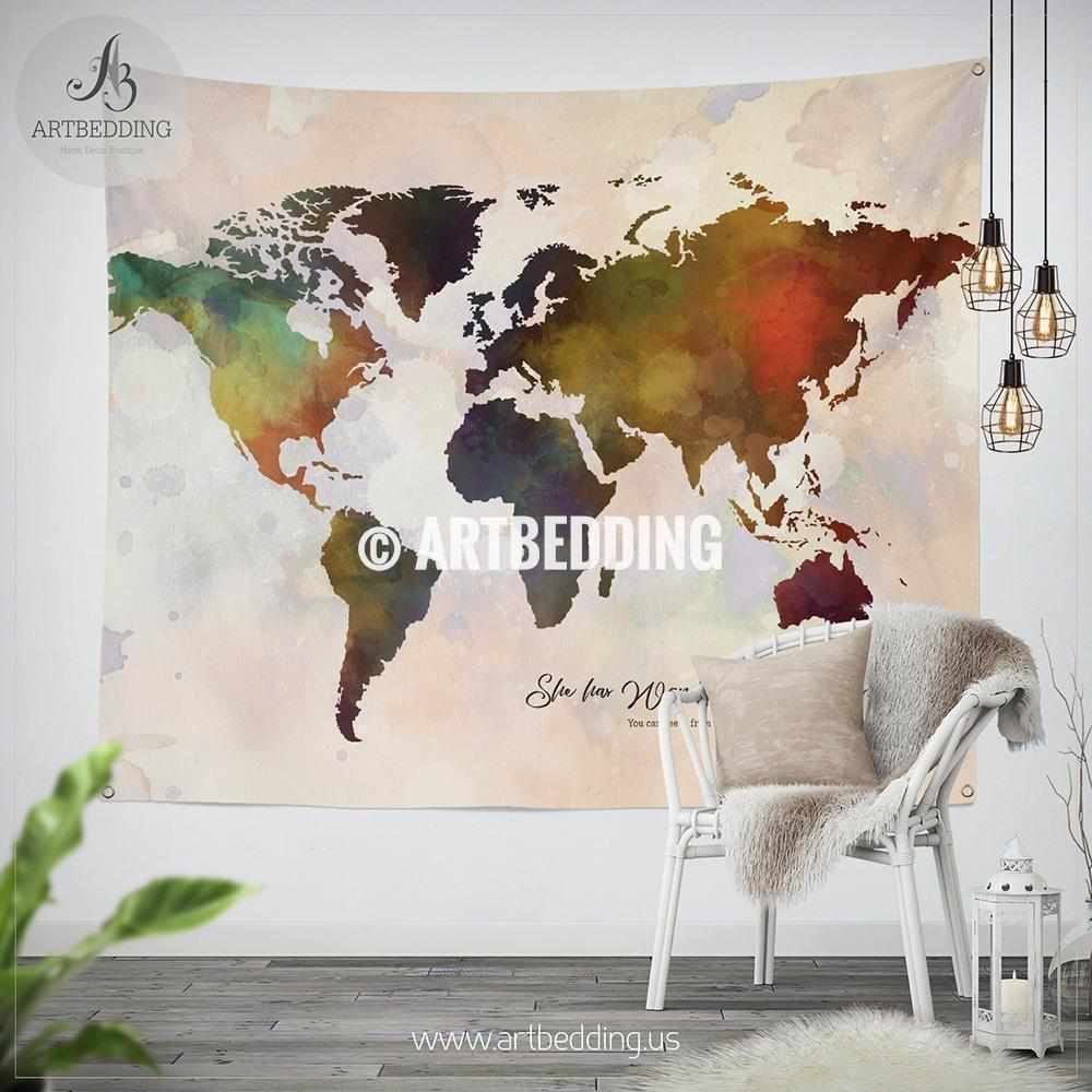 Bohemian Watercolor World Map Tapestry Abstract Quote World Map Wall Hanging Boho Wanderlust Wall Tapestries Boho Wall Decor Artbedding
