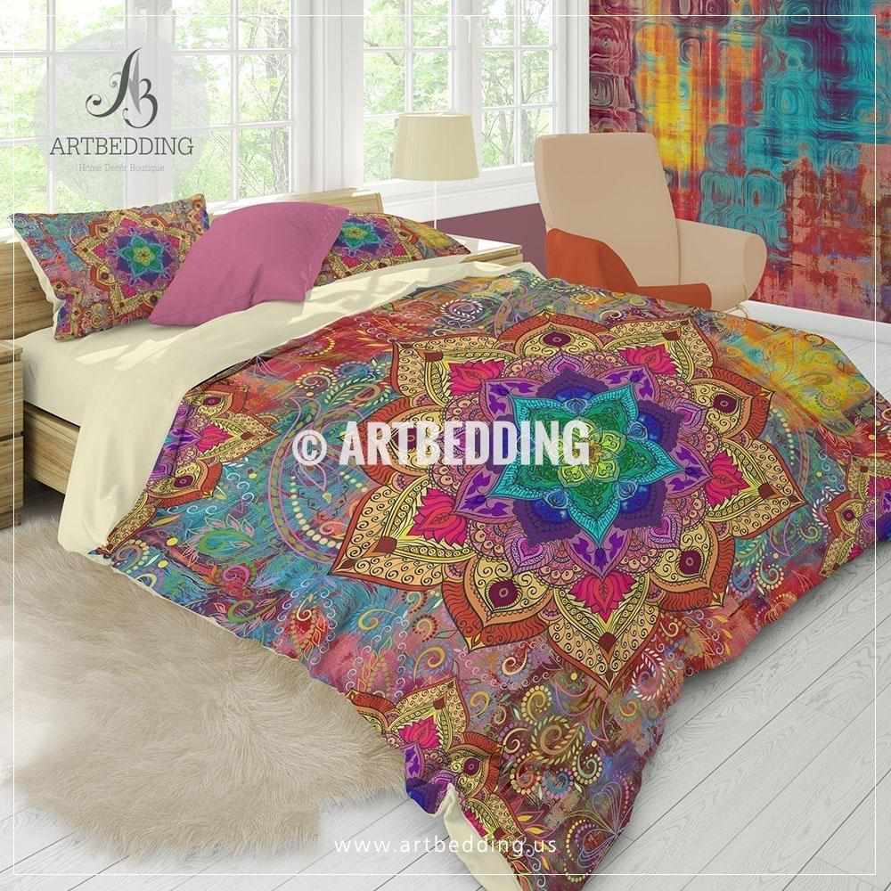 Boho Bedding Rainbow Mandala Bedding Rainbow Hippie Paisley Mandala Comforter Set Bohemian Bedroom Decor