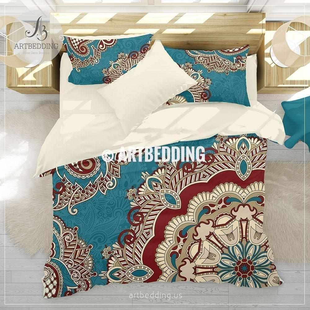 Boho Bedding Teal And Red Mandala Bedding Teal Red Paisley Mandala Comforter Set Bohemian Bedroom Decor