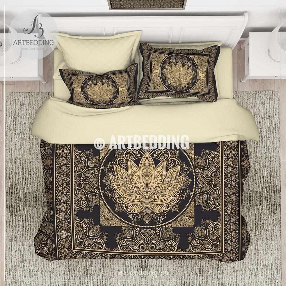 Boho Black And Gold Lotus Bedding Sacred Lotus Bedroom