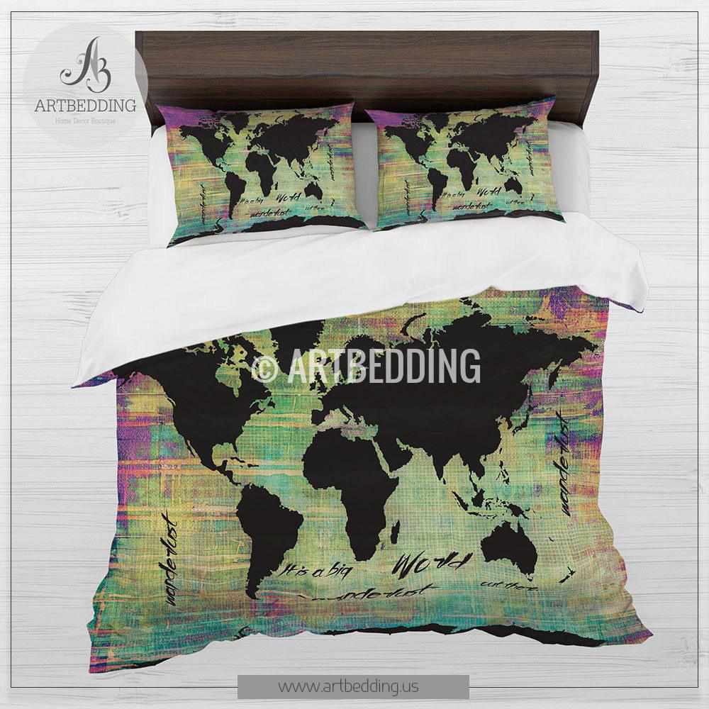 world map bedding grey