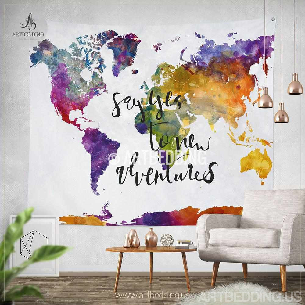 Boho Tapestry World Map Watercolor Wall Tapestry Modern
