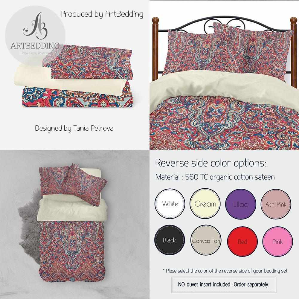 Ethno Indie boho bedding, Indie living coral and pink duvet cover set ...