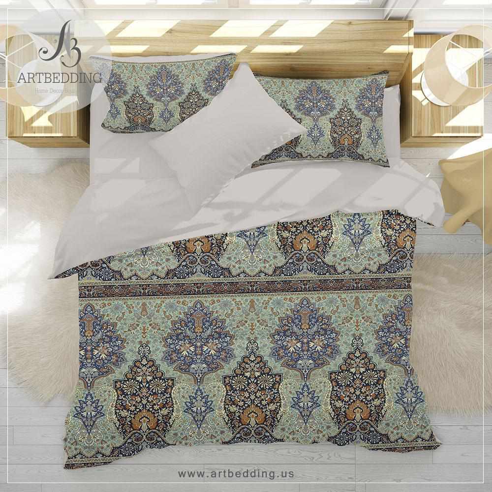 Boho Vintage Bedding Indie Green And Blue Duvet Cover Set Traditional India Boho Comforter Set Boho Bedroom Decor