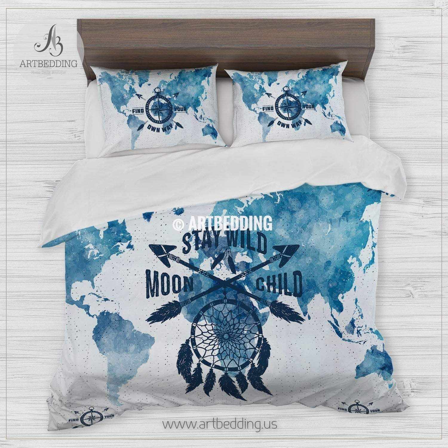 Boho Watercolor World Map Dreamcatcher Bedding Dreamcatcher Blue