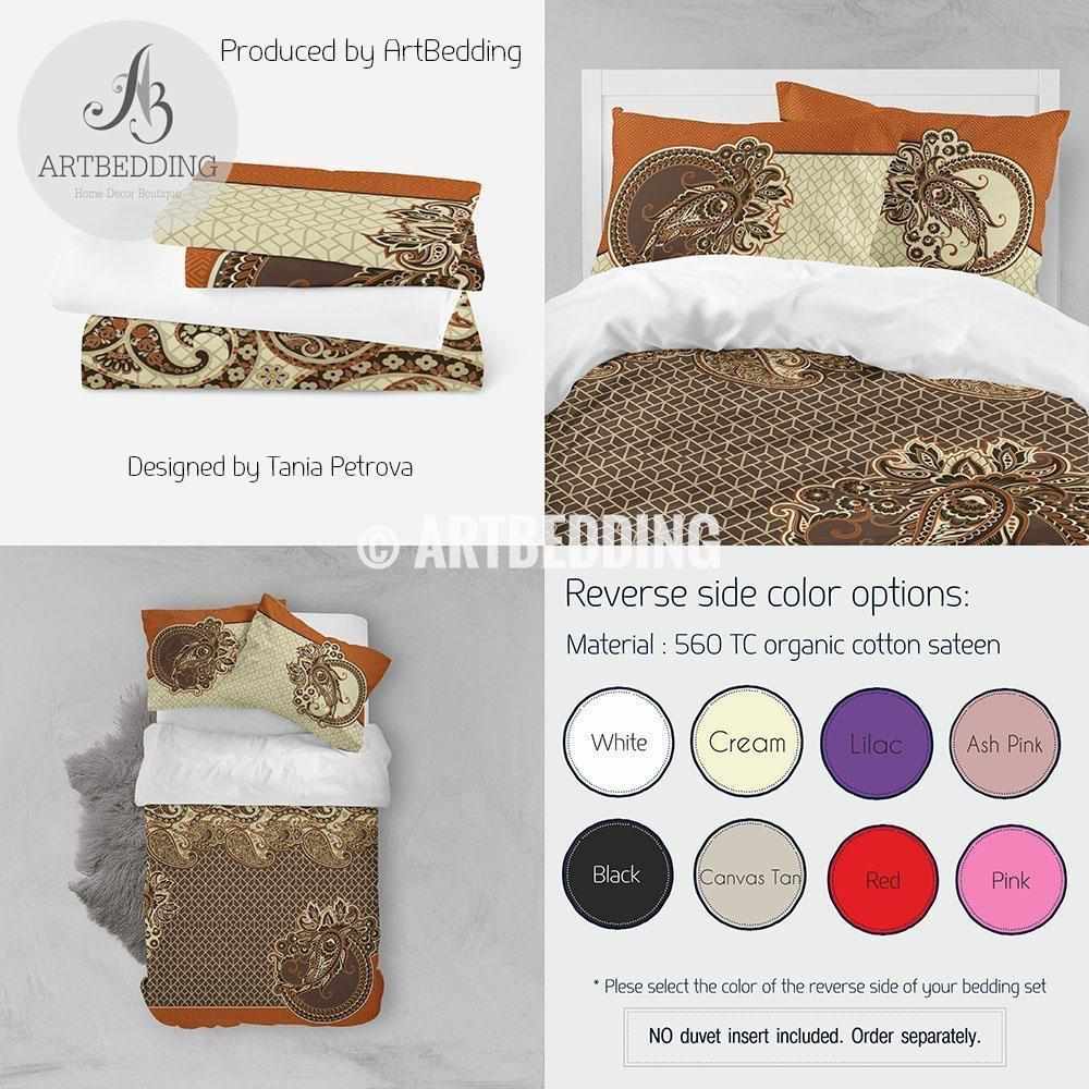 Vintage bohemian paisley bedding, Boho orange brown duvet cover set ...