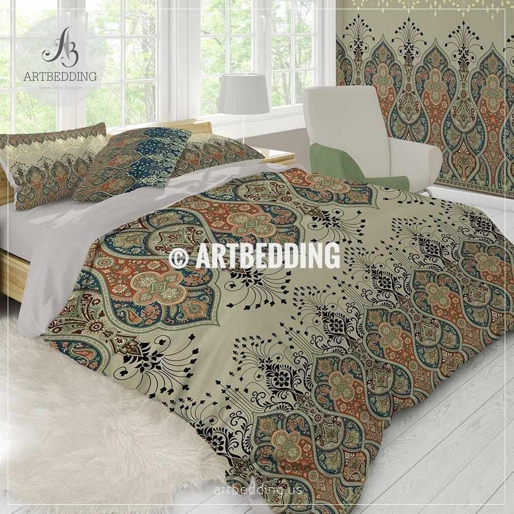 Ethno Indian Paisley Bedding Indie Motifs Tan Duvet Cover Set