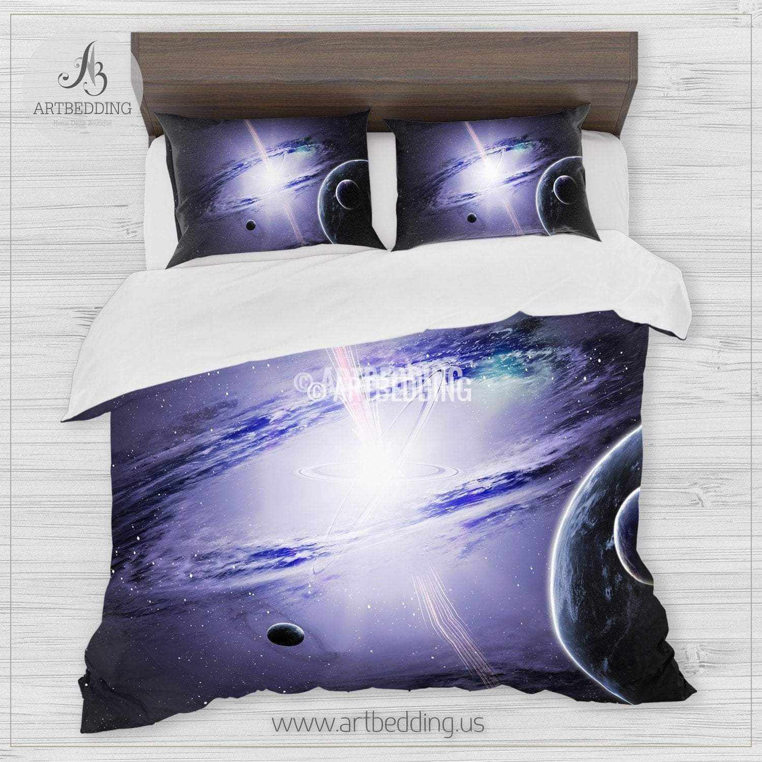 Galaxy Bedding Set Blue Planets In Deep Space Duvet Cover Set