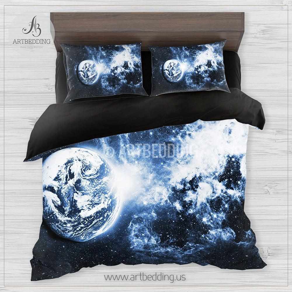 Galaxy Bedding Set Blue Planet In Deep Space Duvet Cover Set