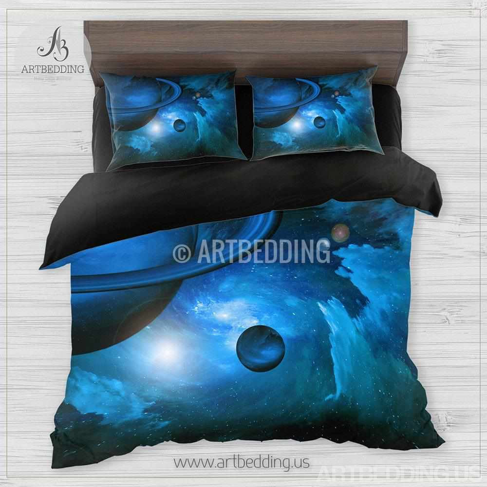 Galaxy Bedding Set Blue Planets In Space Duvet Cover Set Stars