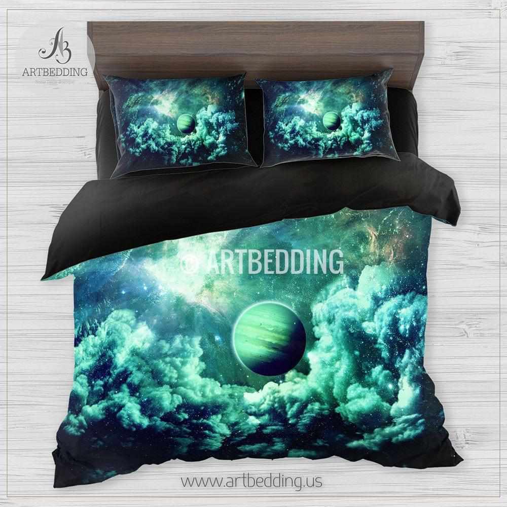 Galaxy Bedding Set Green Planets In Deep Space Duvet Cover Set