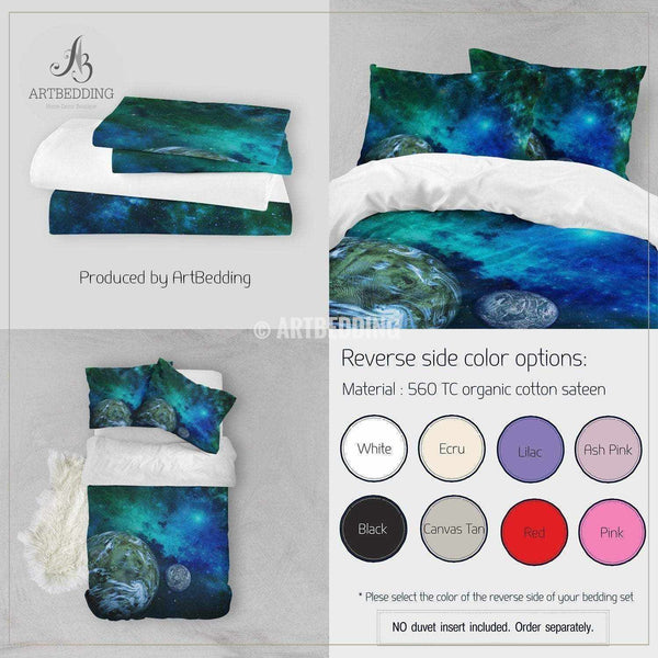 Galaxy bedding set, Green planets in deep space duvet cover set, Green ...