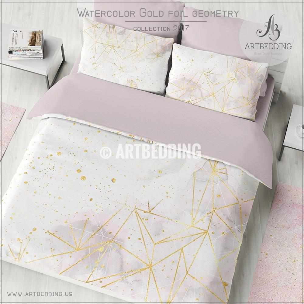 Gold Geometry Duvet Cover Pink And Gray Watercolor Gold Foil