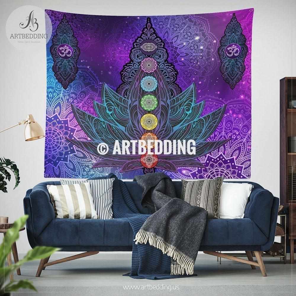 Lotus Rainbow Chakra Om Wall Tapestry Rainbow Chakra Mandala Wall Hanging Yoga Spiritiual