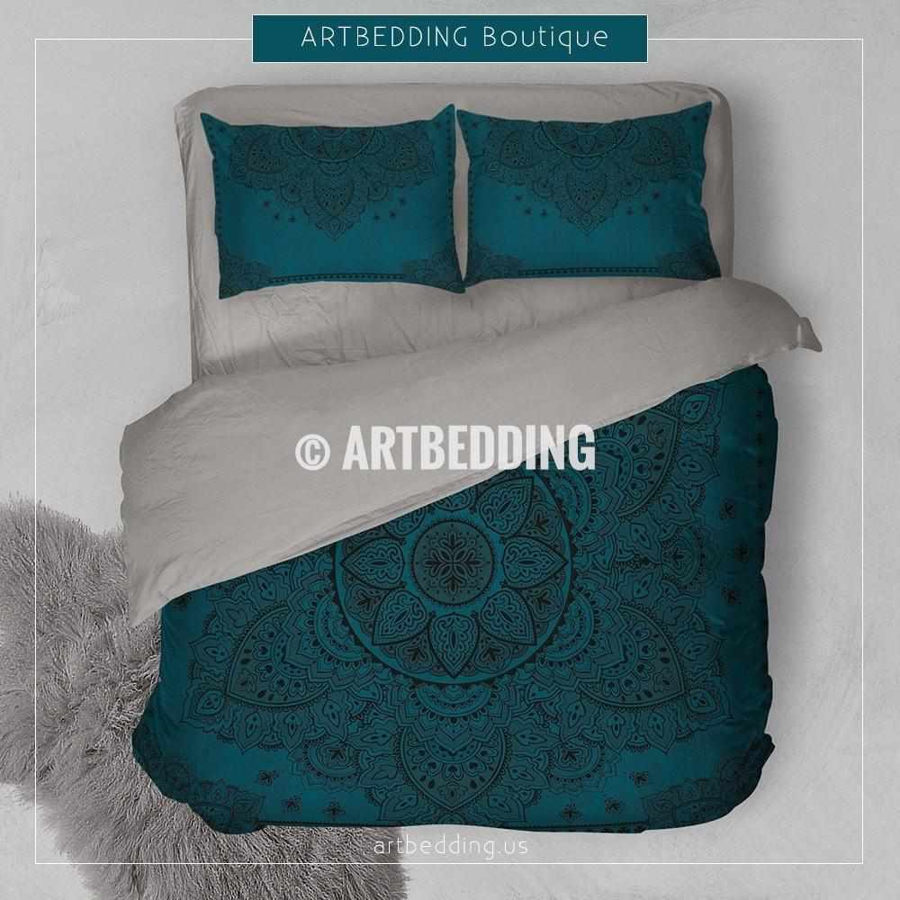 Mandala Bedding Dark Teal Black Boho Duvet Cover Set Henna