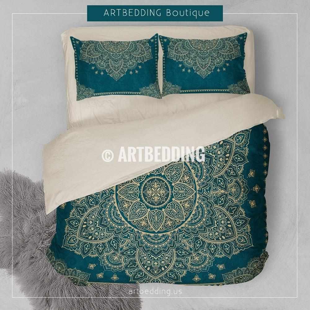 Mandala Bedding Teal And Gold Mandala Duvet Cover Set Henna Mehendy Mandala Quilt Cover Set Boho Bedspread Artbedding