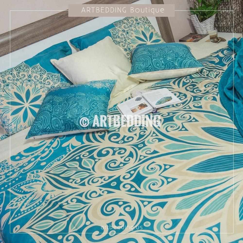 Boho bedding, Vintage mandala duvet cover set, Turquoise and olive