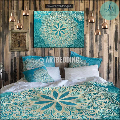 Turquoise mandala bedding, aqua turquoise Mandala duvet cover set