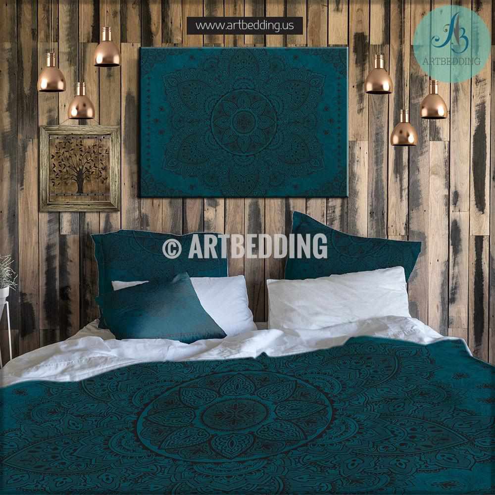 Mandala Bedding Dark Teal Black Boho Duvet Cover Set Henna