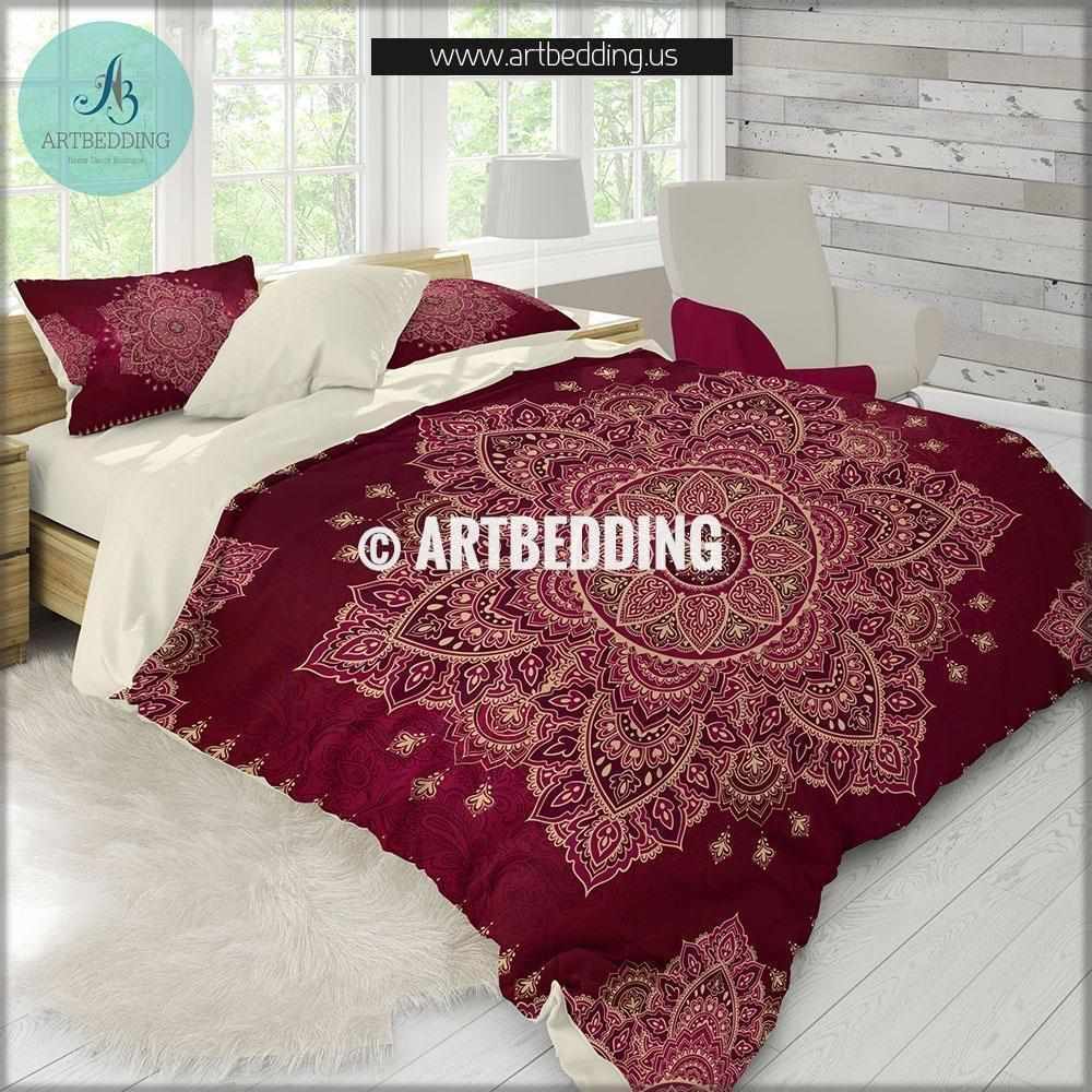 Mandala Bedding Burgundy Maroon And Gold Mandala Duvet Cover Set